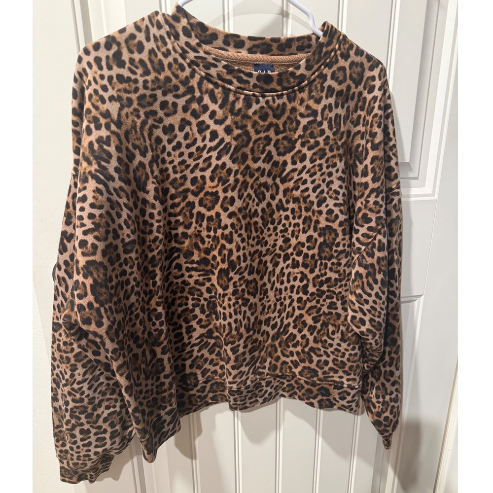 Gap Leopard Print Sweatshirt Medium Brown Animal Print Crew Neck Pullover EUC